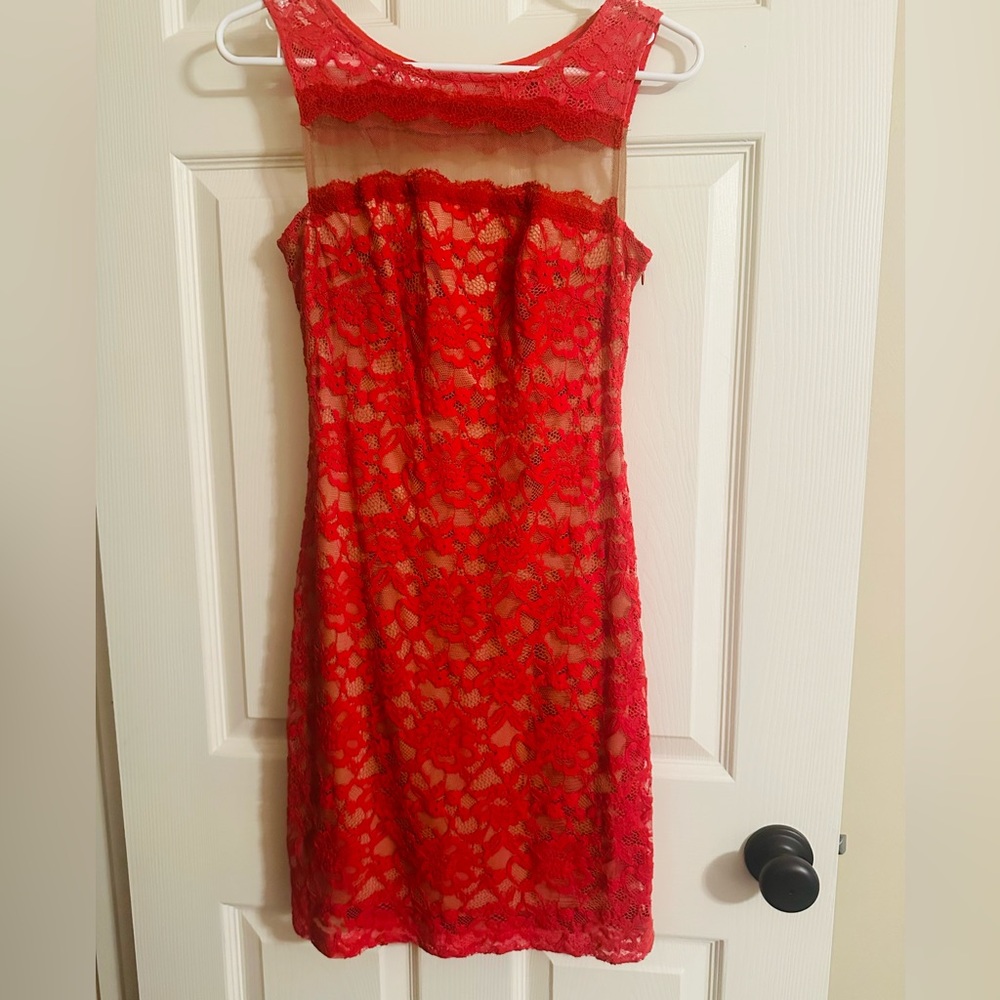 Bailey 44 Red Lace Dress Christmas Party!Nude Lined Mini Dress Cocktail Dress sm